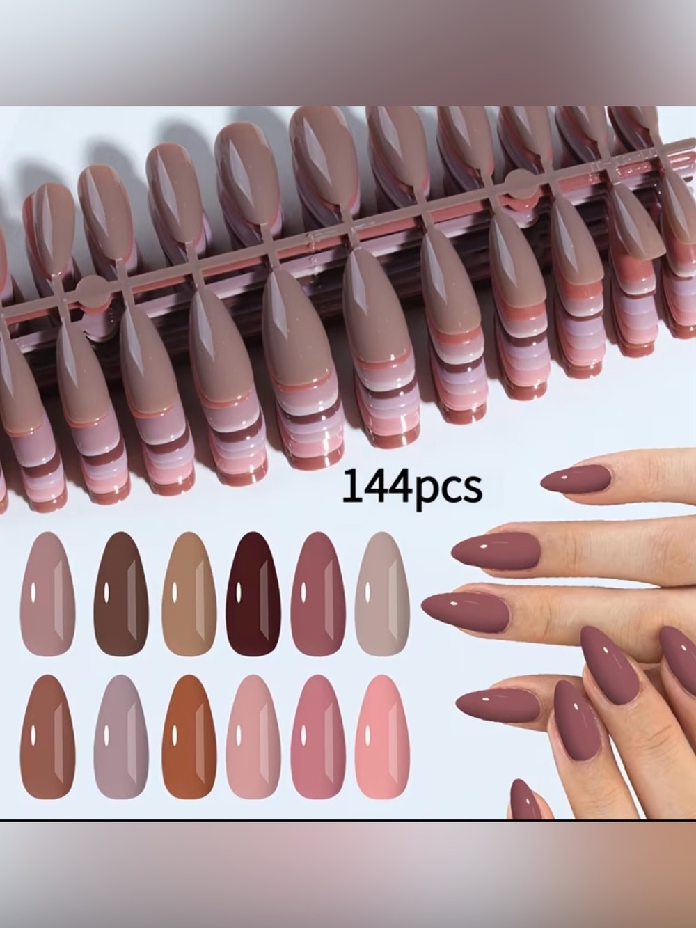 144pcs Mauve Brown Almond Press-On Nails Set